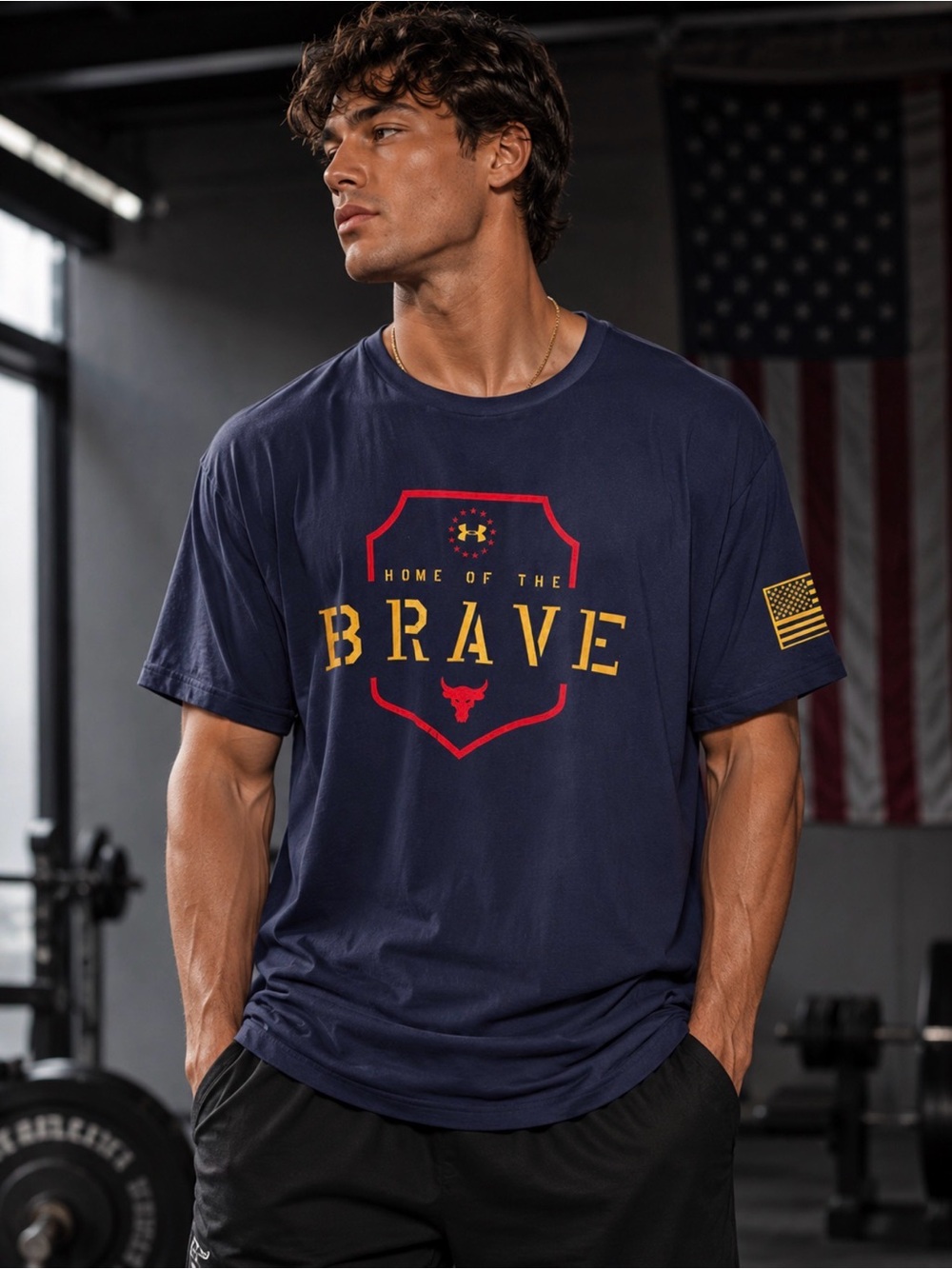 Under Armour Navy Graphic Shield Tee with Red and Yellow Accents